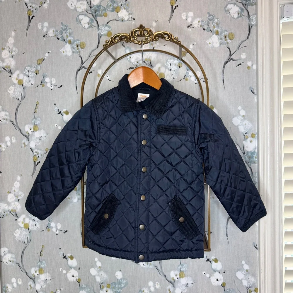 Gymboree Kids Navy Blue Quilted Barn Jacket Fleece Lined Corduroy Trim 4T-5T
